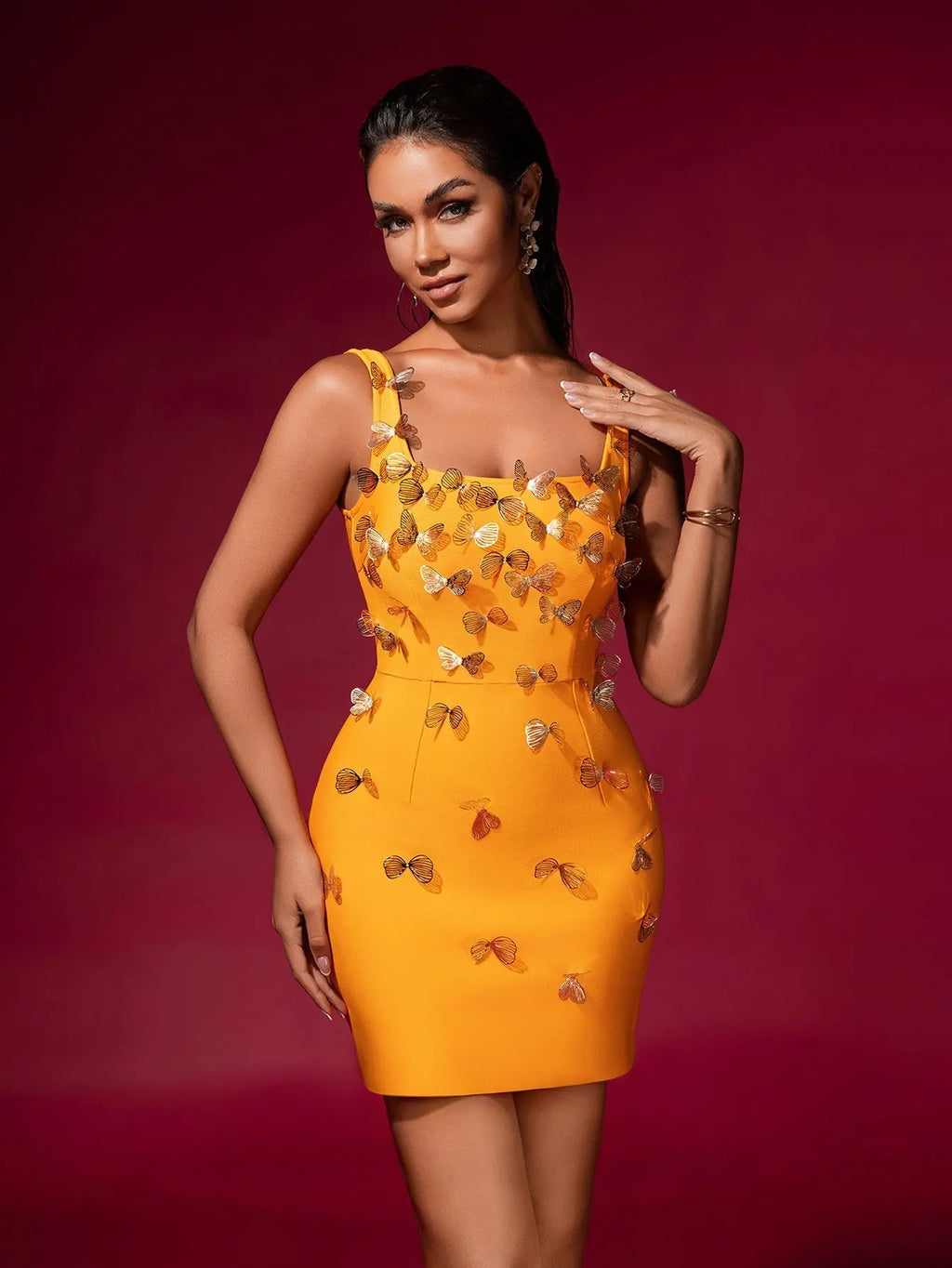 Louise Yellow Butterfly Embellished Bandage Mini Dress Avalabel