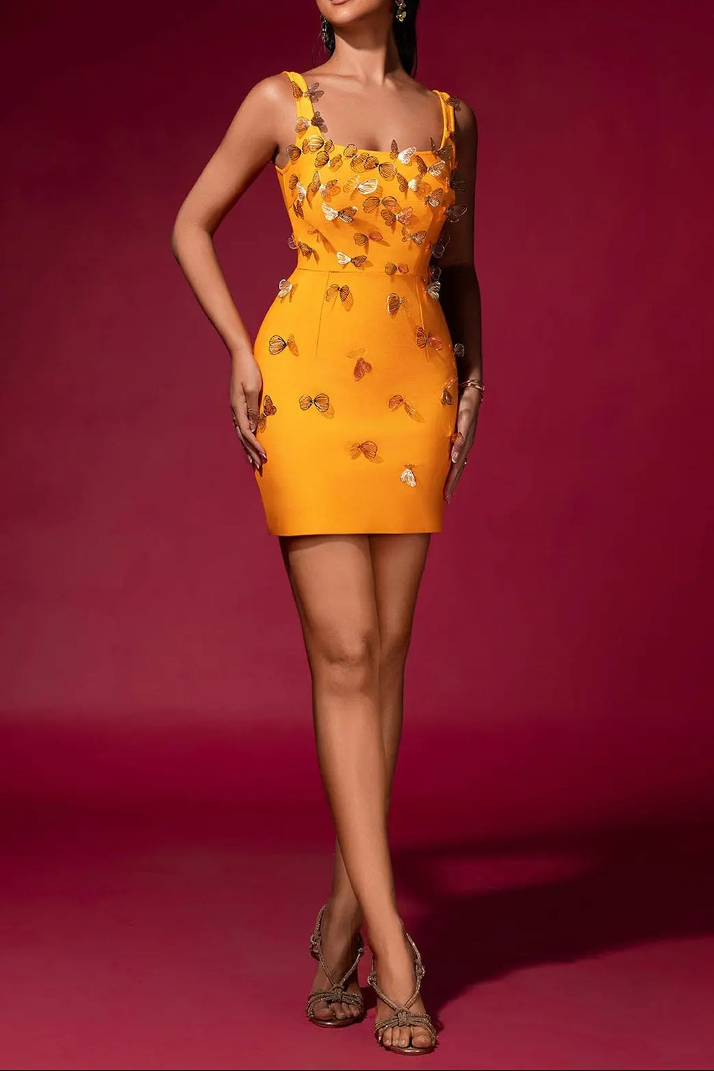 Louise Yellow Butterfly Embellished Bandage Mini Dress Avalabel