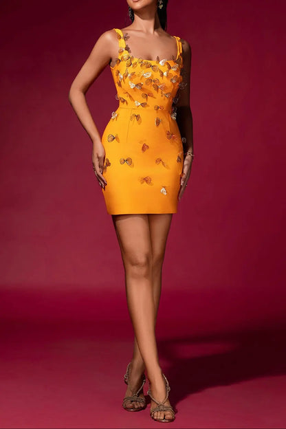 Louise Yellow Butterfly Embellished Bandage Mini Dress Avalabel