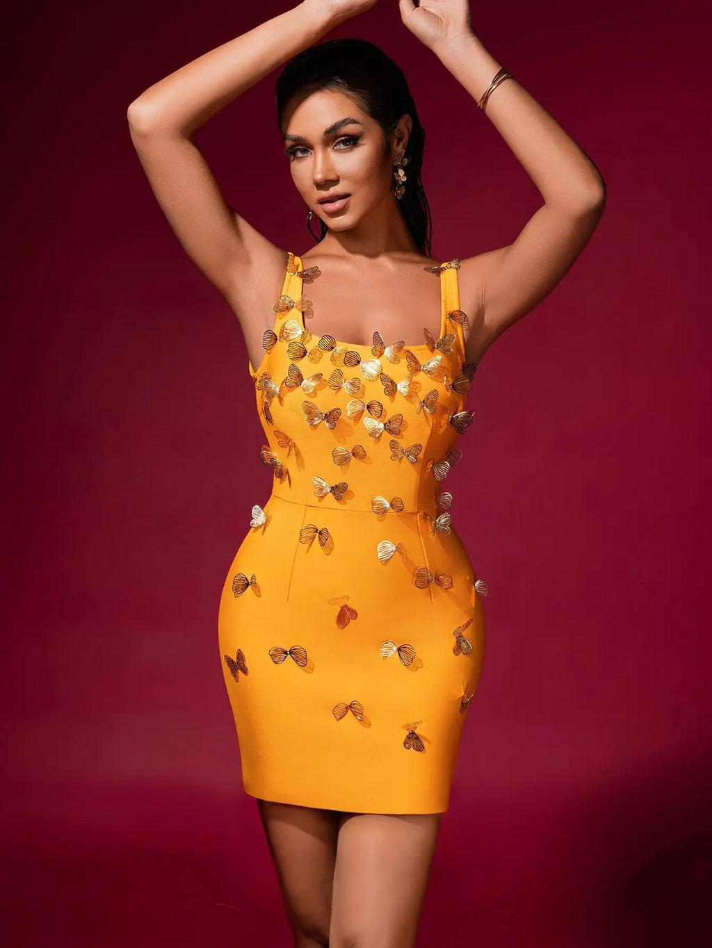 Louise Yellow Butterfly Embellished Bandage Mini Dress Avalabel