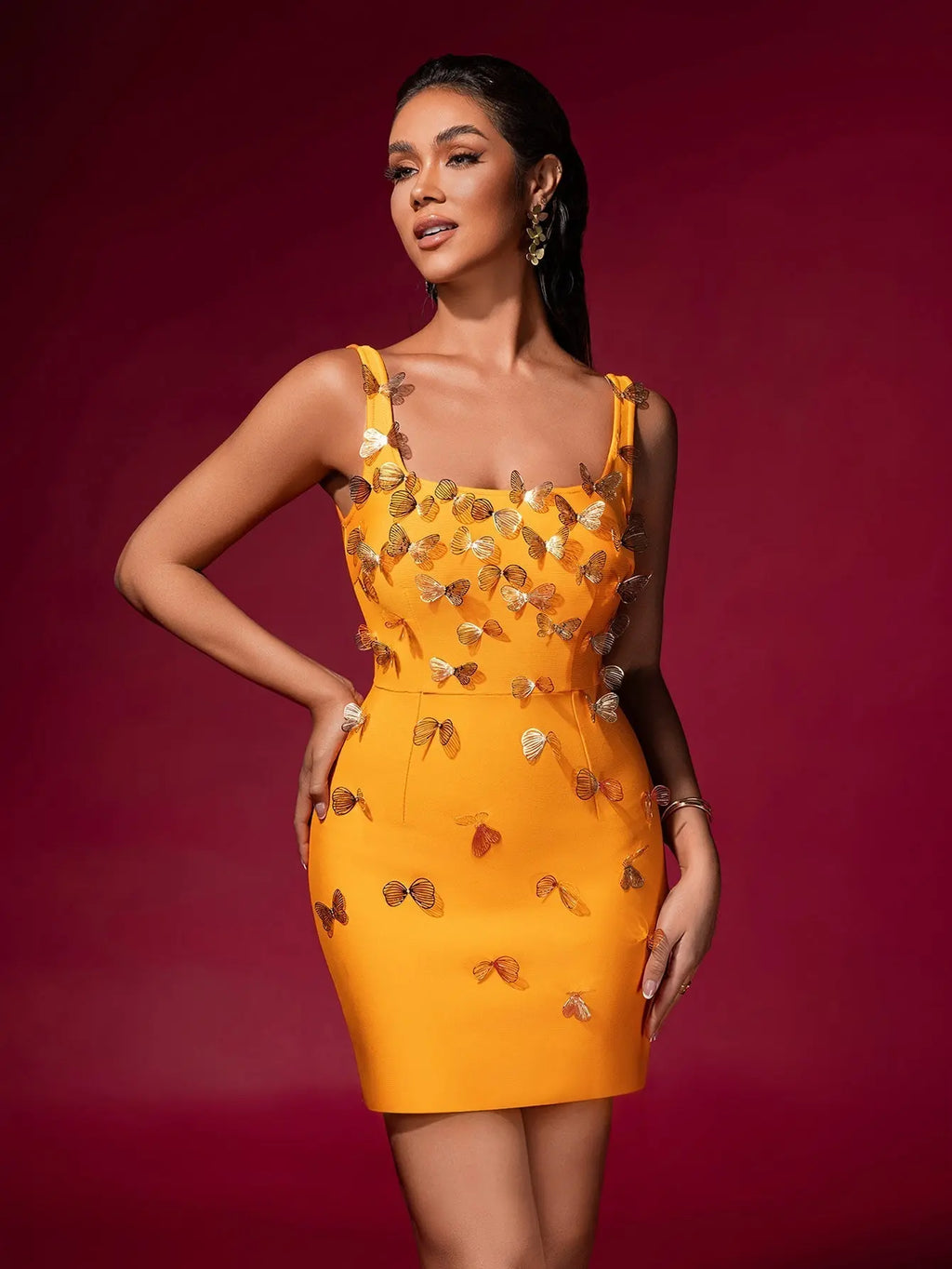 Louise Yellow Butterfly Embellished Bandage Mini Dress Avalabel