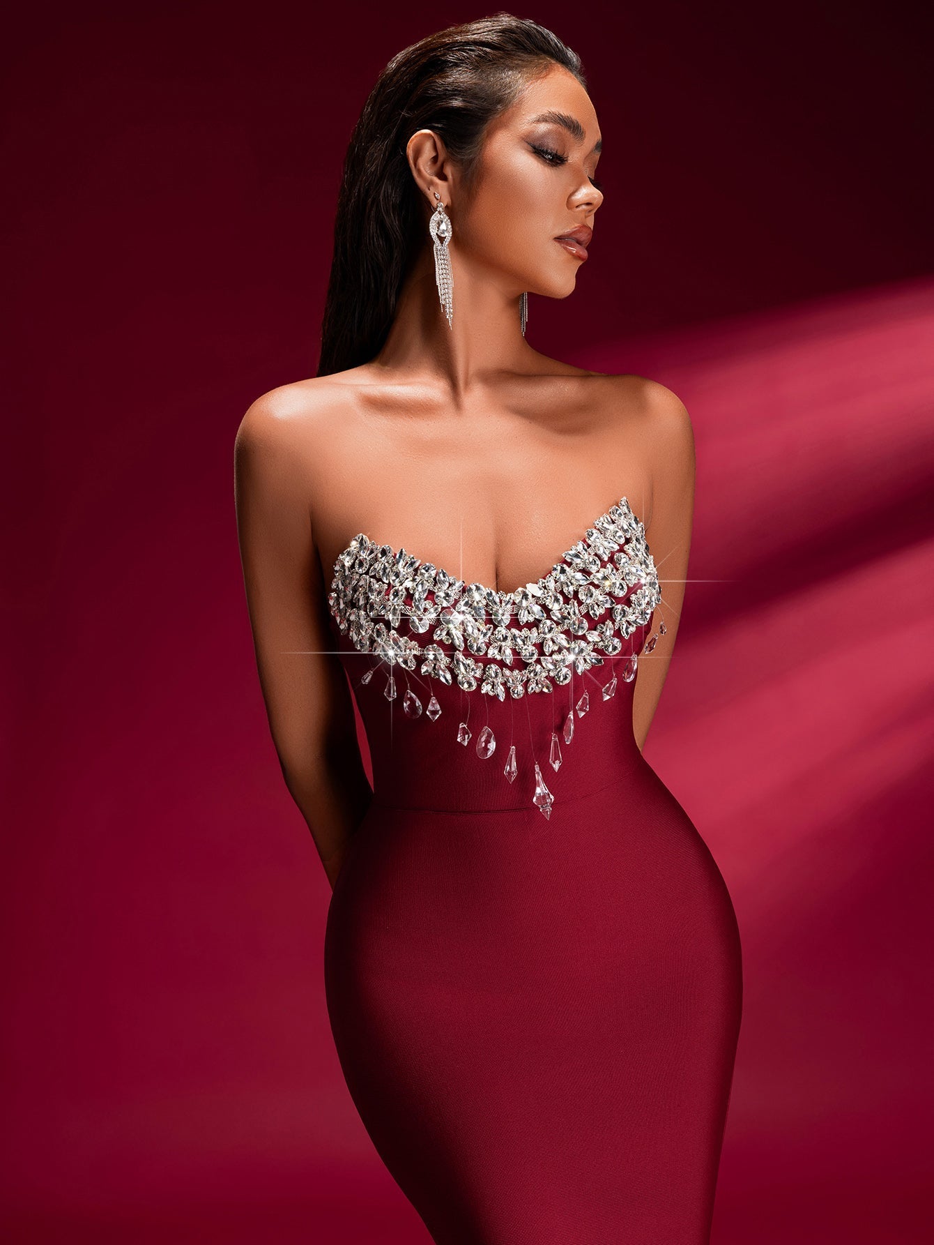 Tina Off-Shoulder Crystal Applique Bandage Mermaid Gown in Burgundy