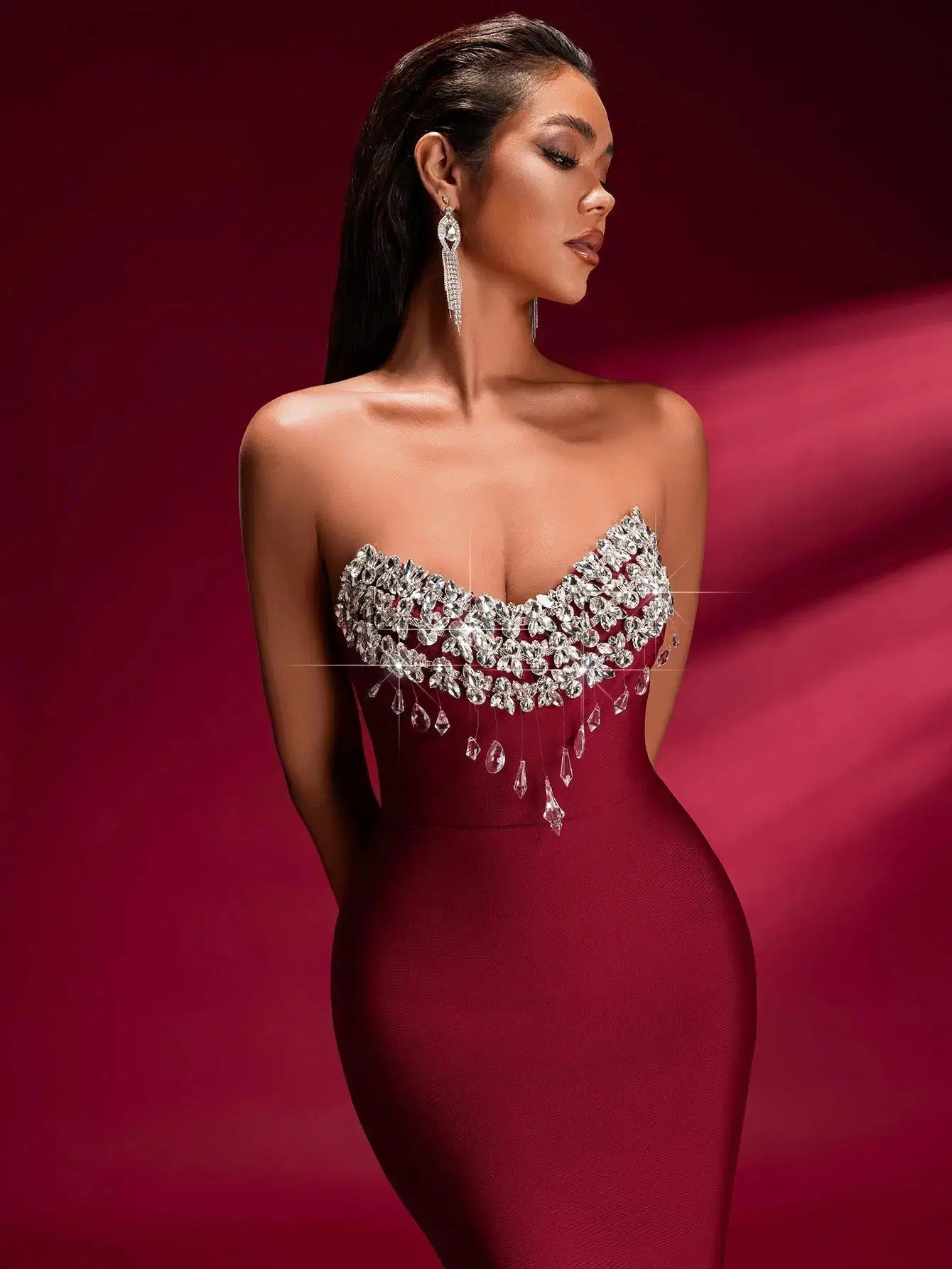 Tina Off-Shoulder Crystal Applique Bandage Mermaid Gown in Burgundy Avalabel