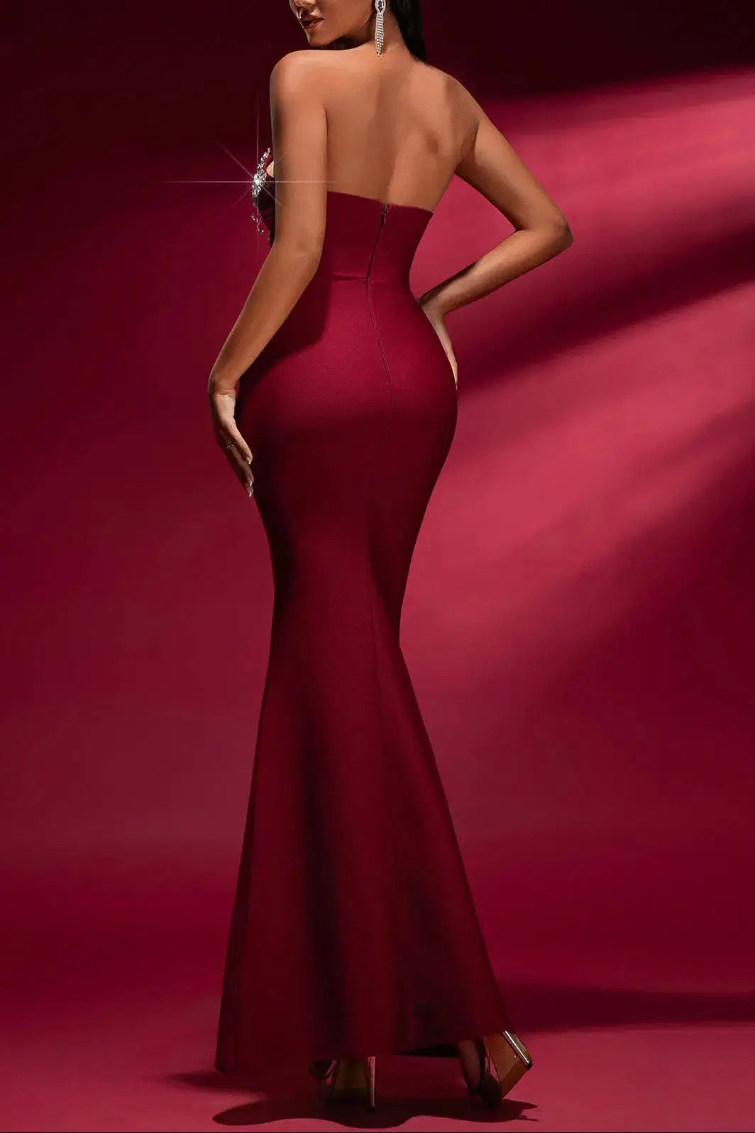 Tina Off-Shoulder Crystal Applique Bandage Mermaid Gown in Burgundy Avalabel