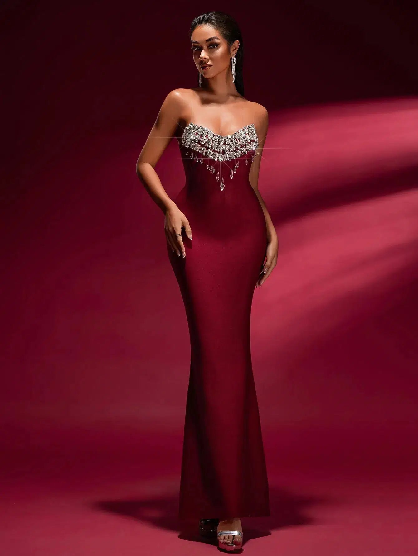 Tina Off-Shoulder Crystal Applique Bandage Mermaid Gown in Burgundy Avalabel