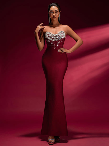 Tina Off-Shoulder Crystal Applique Bandage Mermaid Gown in Burgundy