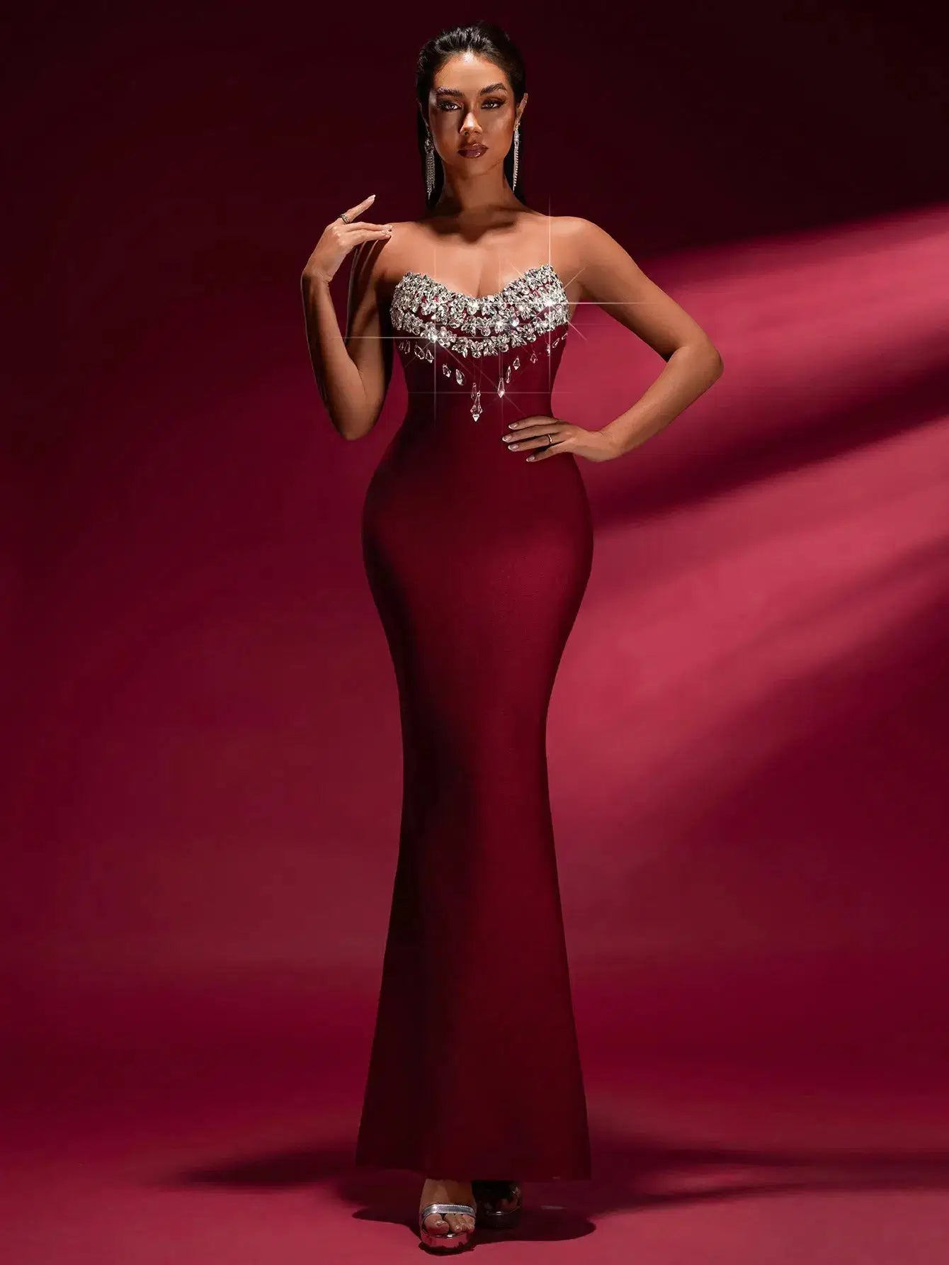 Tina Off-Shoulder Crystal Applique Bandage Mermaid Gown in Burgundy Avalabel