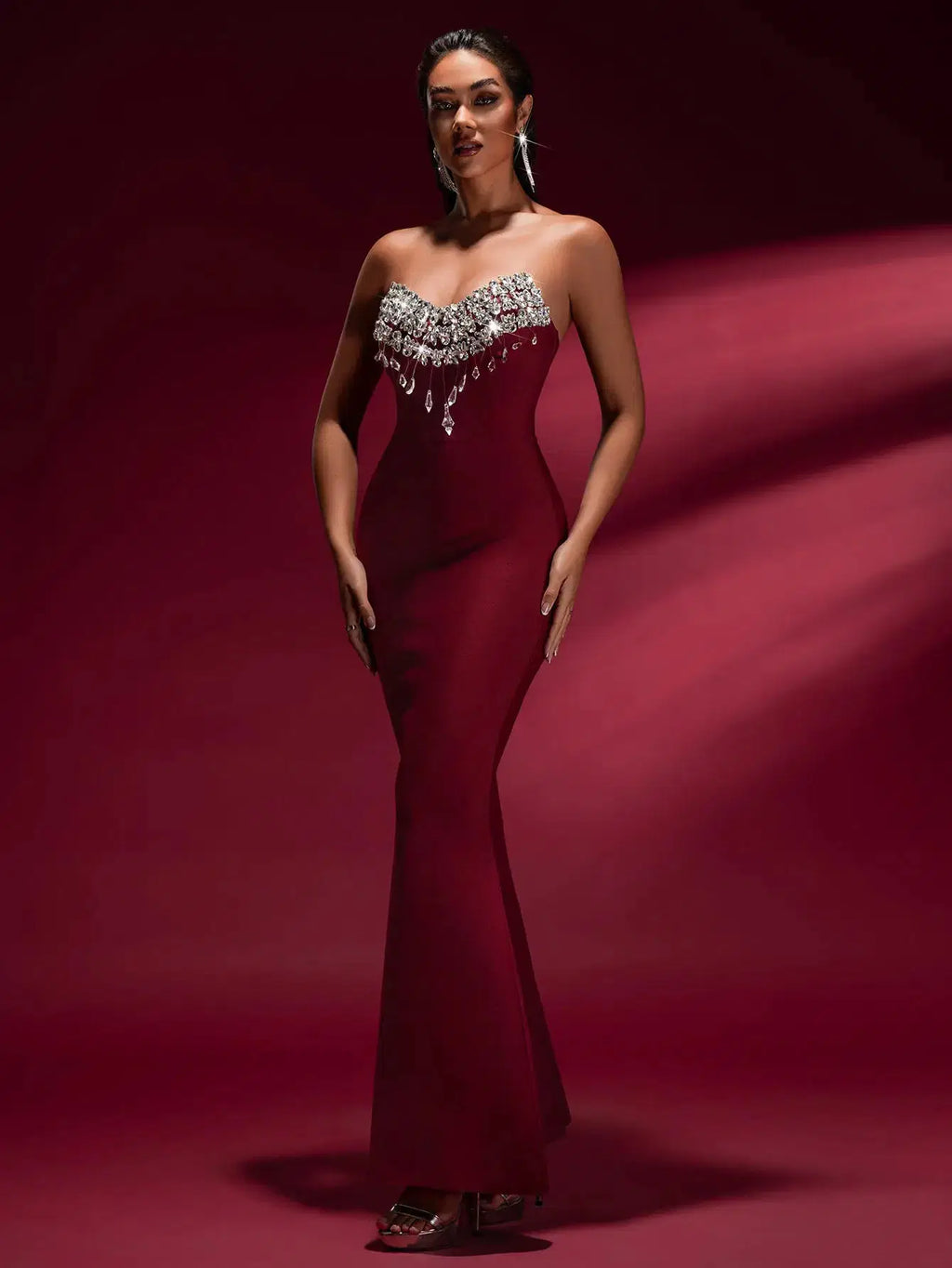 Tina Off-Shoulder Crystal Applique Bandage Mermaid Gown in Burgundy Avalabel