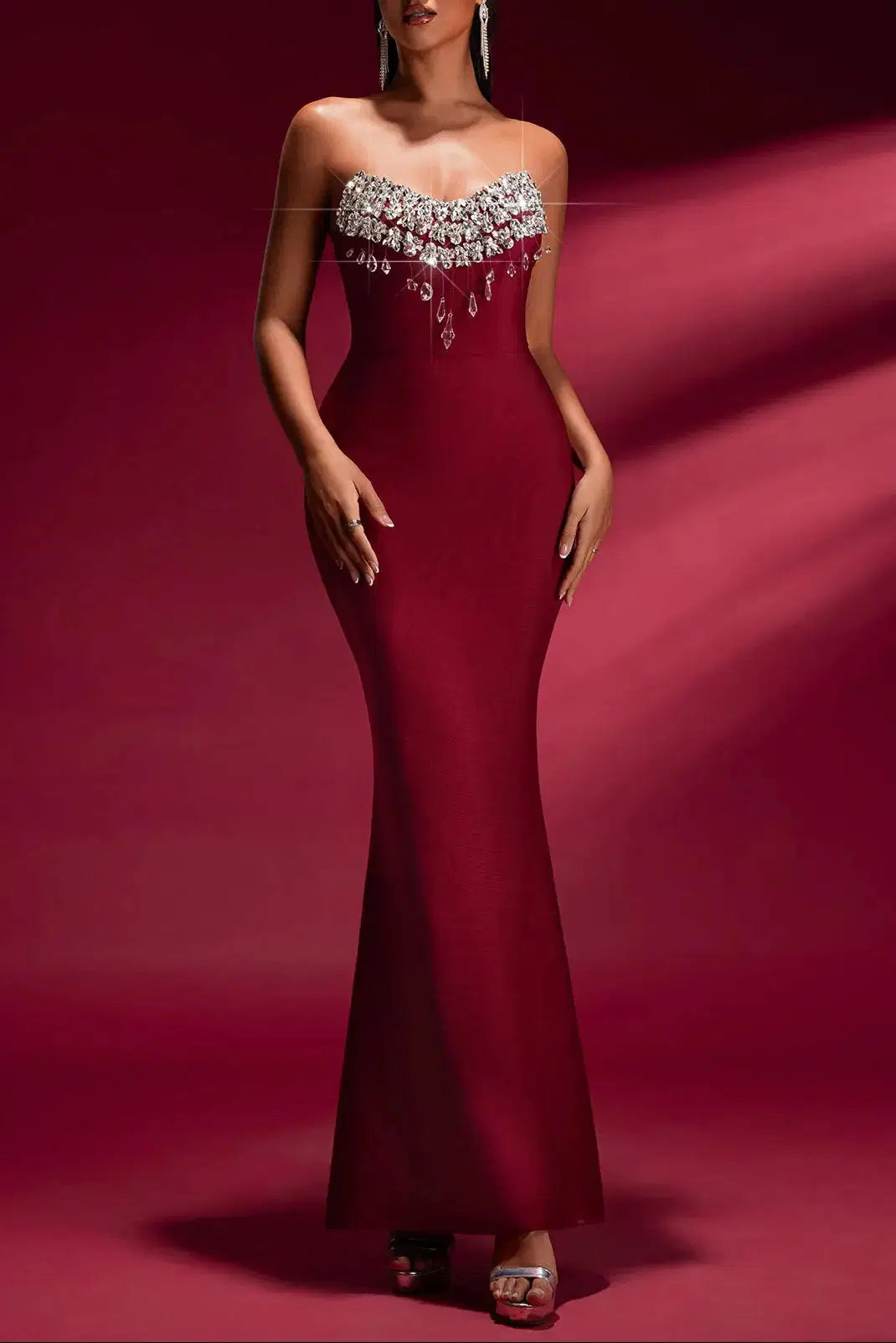 Tina Off-Shoulder Crystal Applique Bandage Mermaid Gown in Burgundy Avalabel