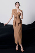 Beverly V-Neck Draped Slit Midi Dress in Brown Avalabel