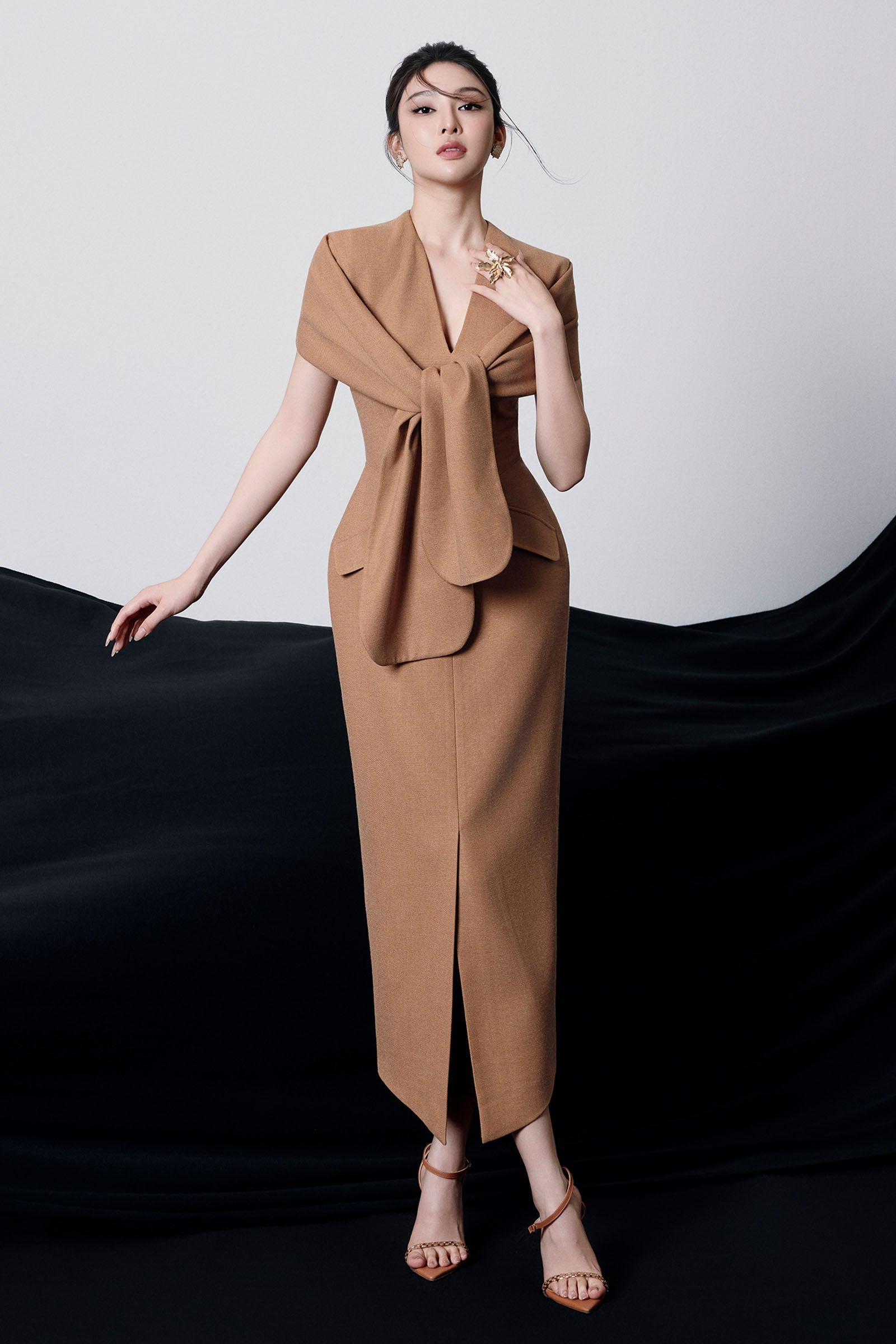 Beverly V-Neck Draped Slit Midi Dress in Brown Avalabel