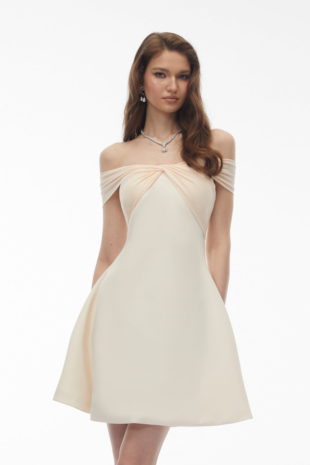 Oenone White Off Shoulder Mini Dress with Twist Front Avalabel