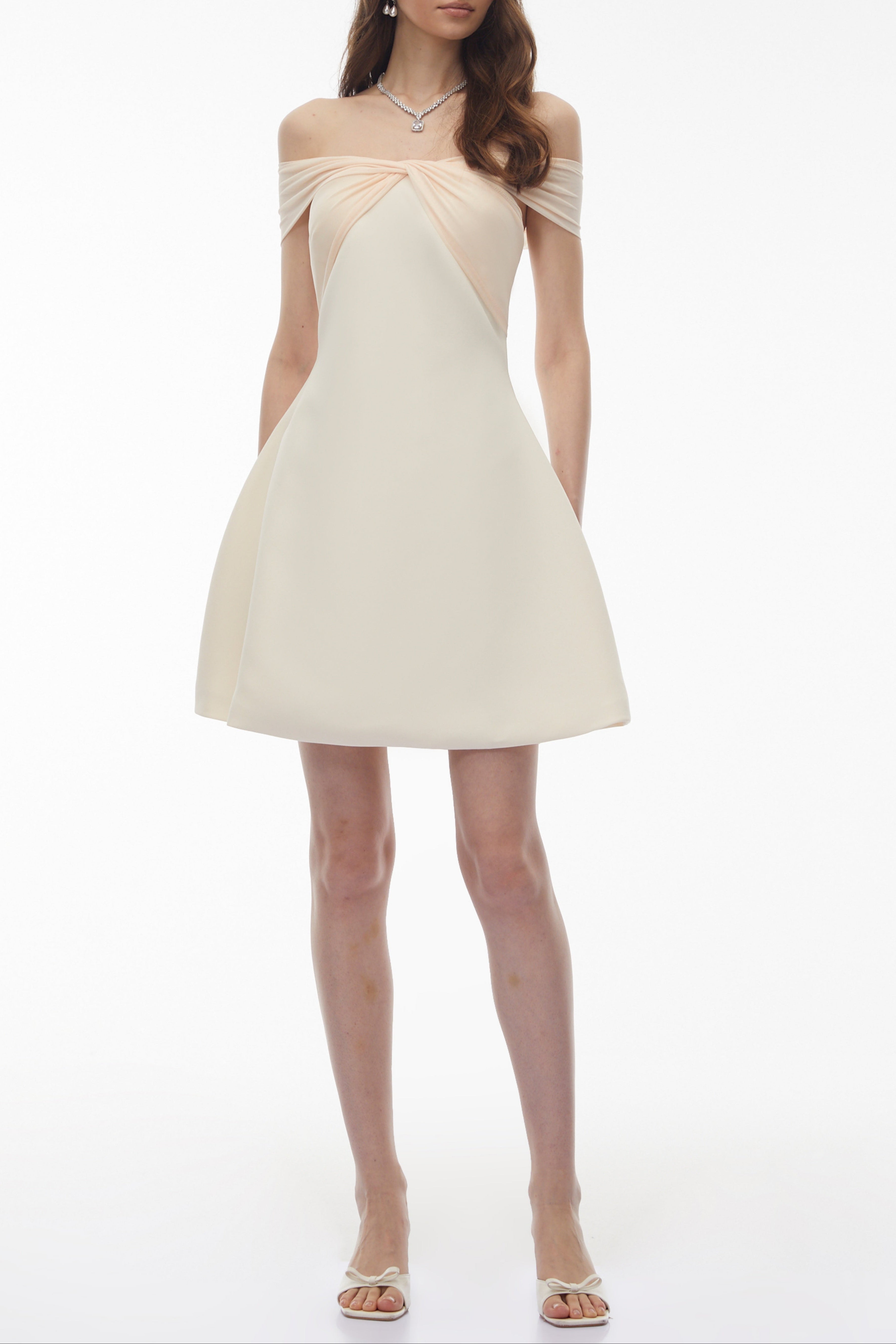 Oenone White Off Shoulder Mini Dress with Twist Front Avalabel
