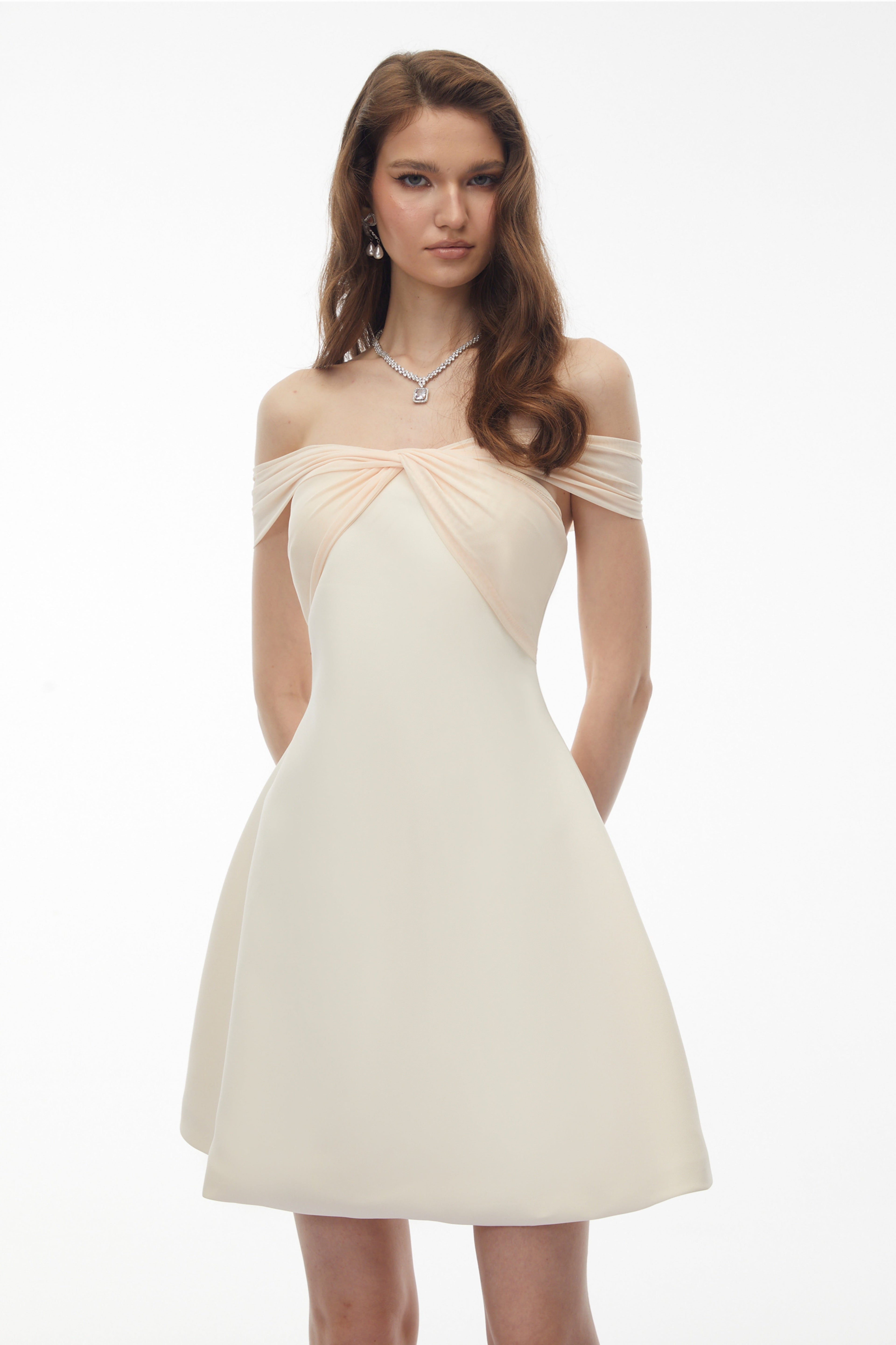 Oenone White Off Shoulder Mini Dress with Twist Front Avalabel