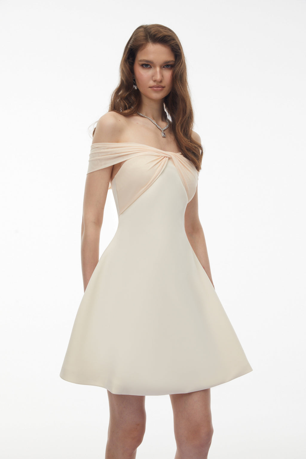 Oenone White Off Shoulder Mini Dress with Twist Front Avalabel