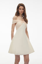 Oenone White Off Shoulder Mini Dress with Twist Front Avalabel