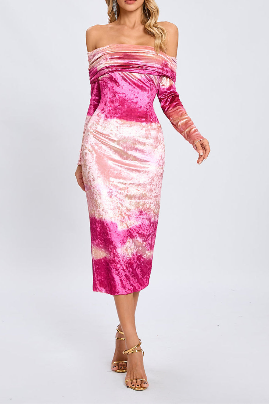 Donna Pink Off-Shoulder Print Velvet Long Sleeve Midi Dress Avalabel