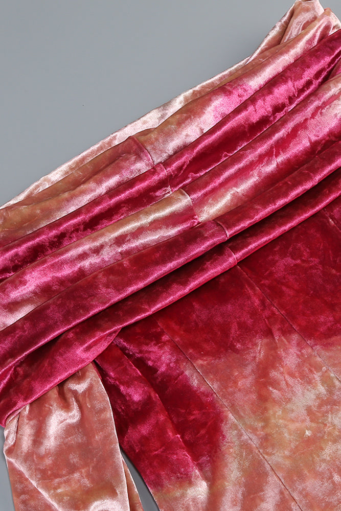 Donna Pink Off-Shoulder Print Velvet Long Sleeve Midi Dress Avalabel