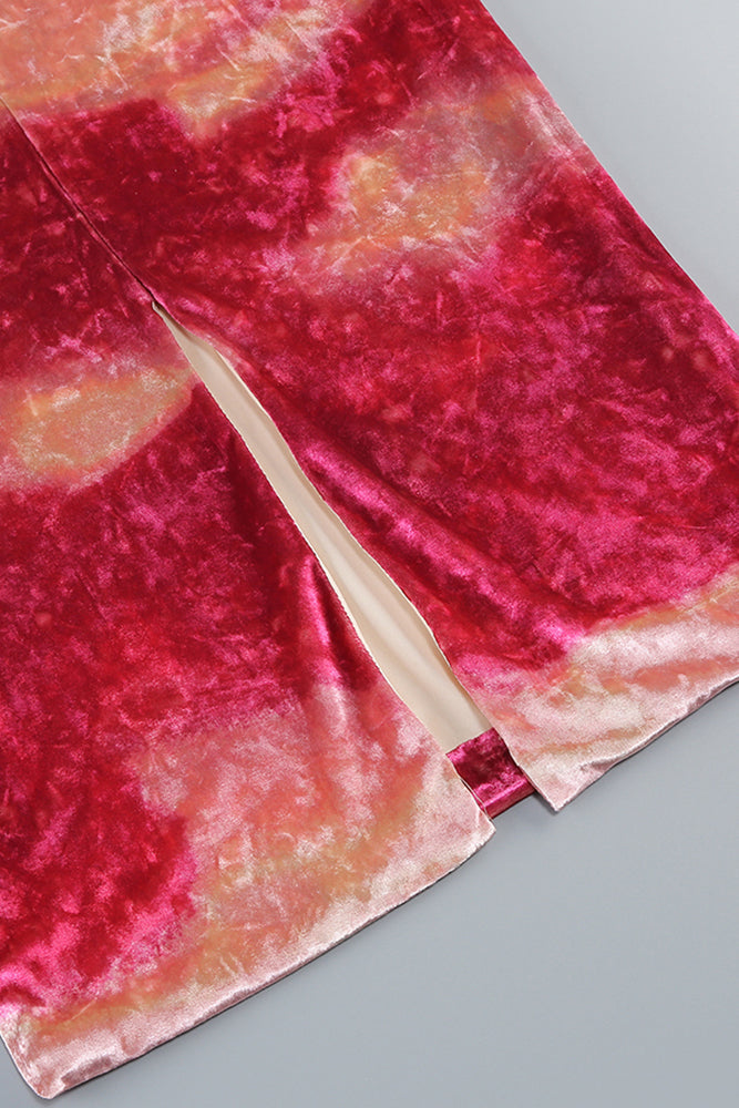 Donna Pink Off-Shoulder Print Velvet Long Sleeve Midi Dress Avalabel