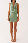 Cowl Neck Beaded Mini Dress In Mint Avalabel