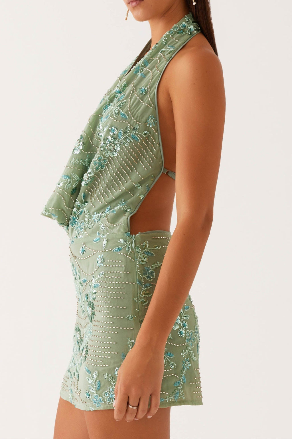 Cowl Neck Beaded Mini Dress In Mint Avalabel