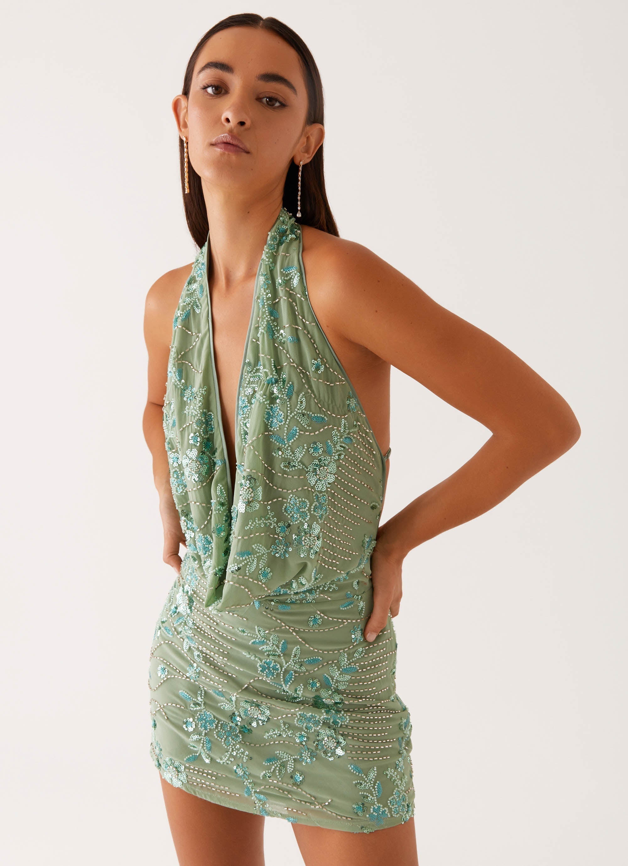 Cowl Neck Beaded Mini Dress In Mint Avalabel