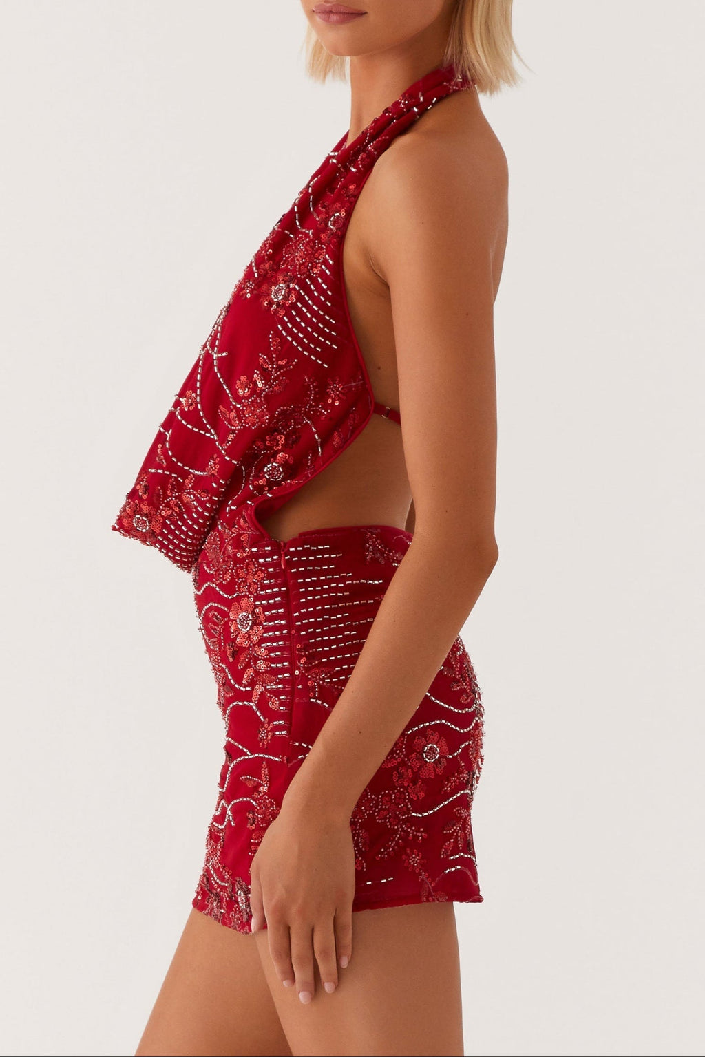 Cowl Neck Beaded Mini Dress In Red Avalabel