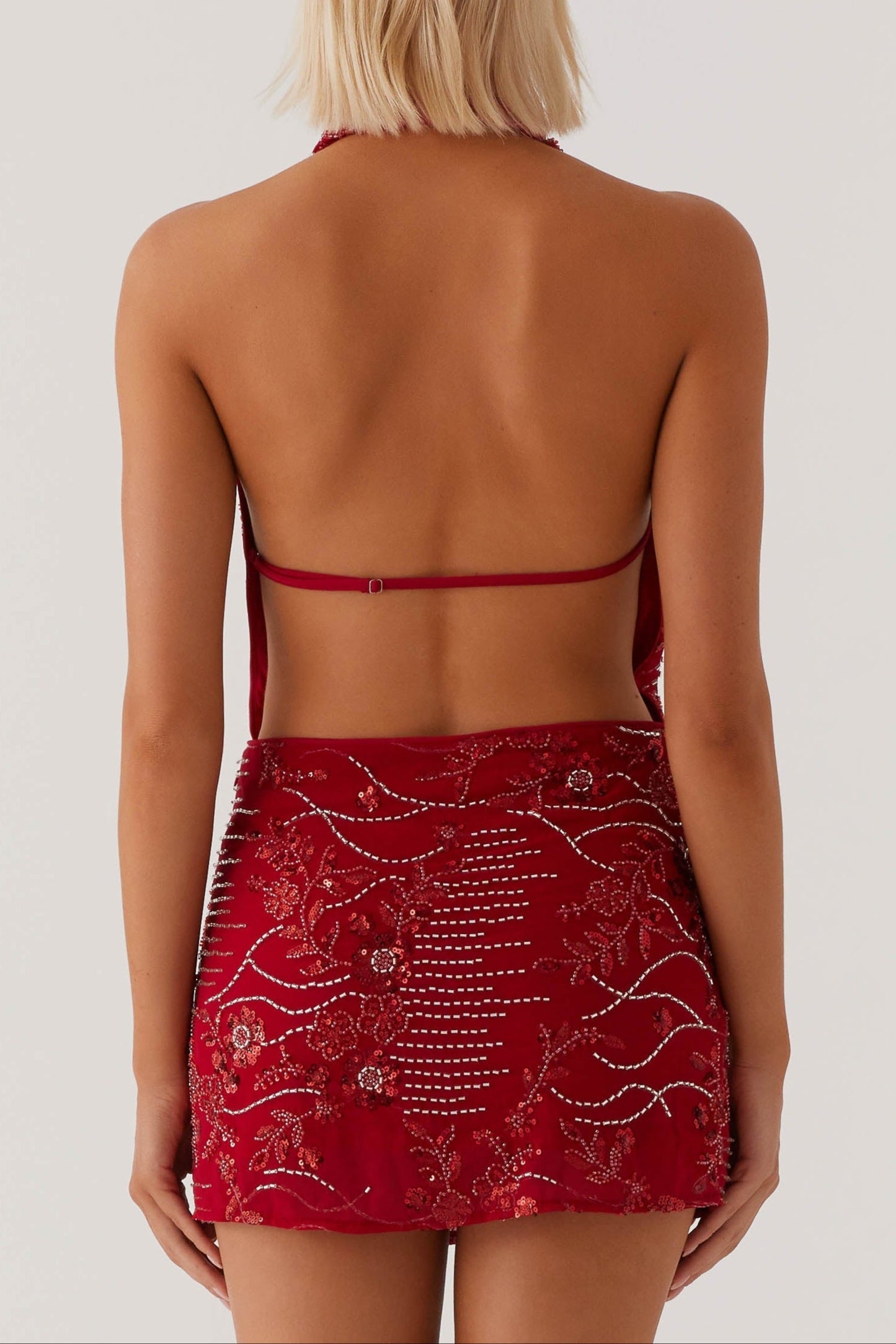 Cowl Neck Beaded Mini Dress In Red Avalabel