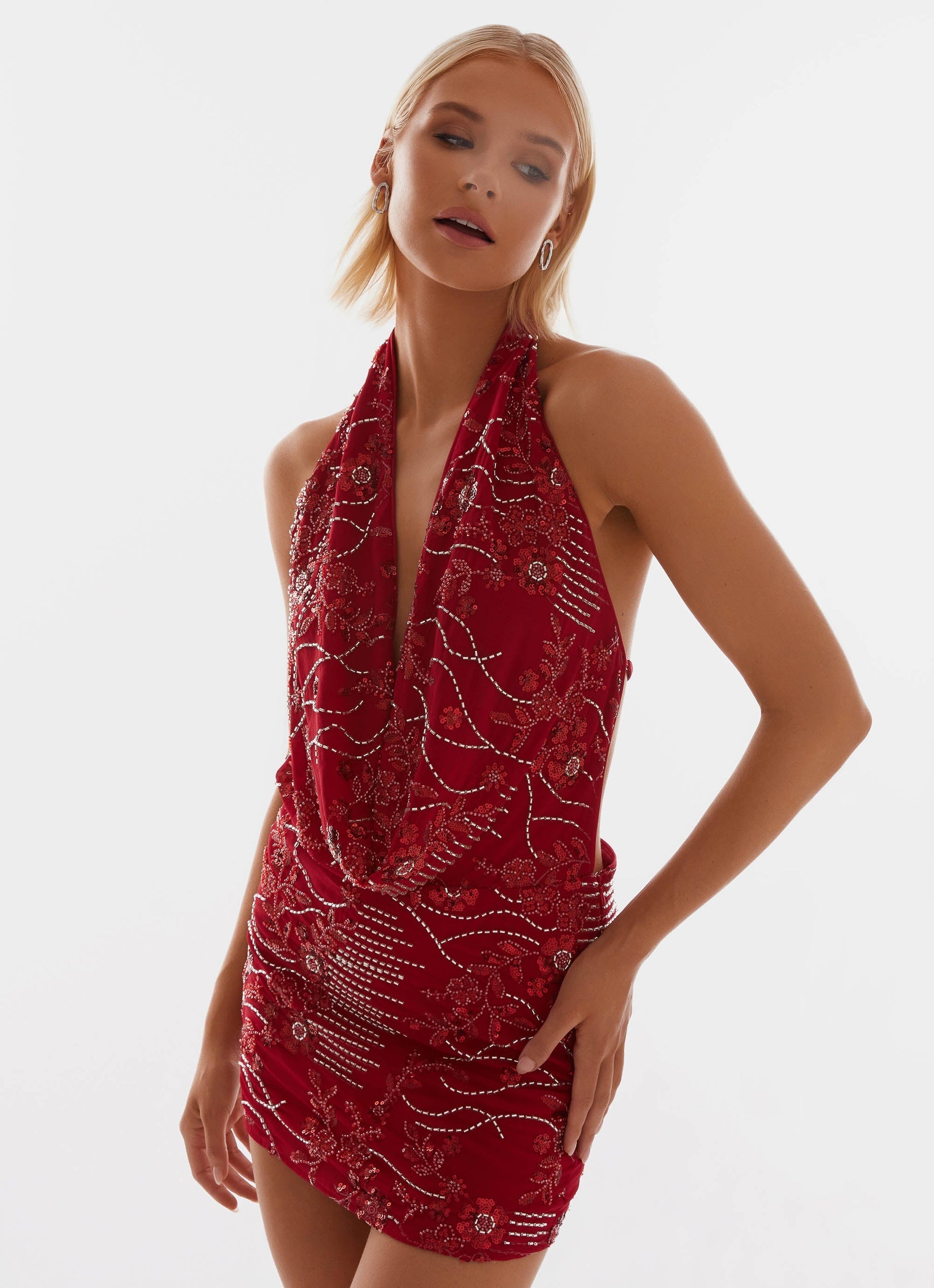 Cowl Neck Beaded Mini Dress In Red Avalabel