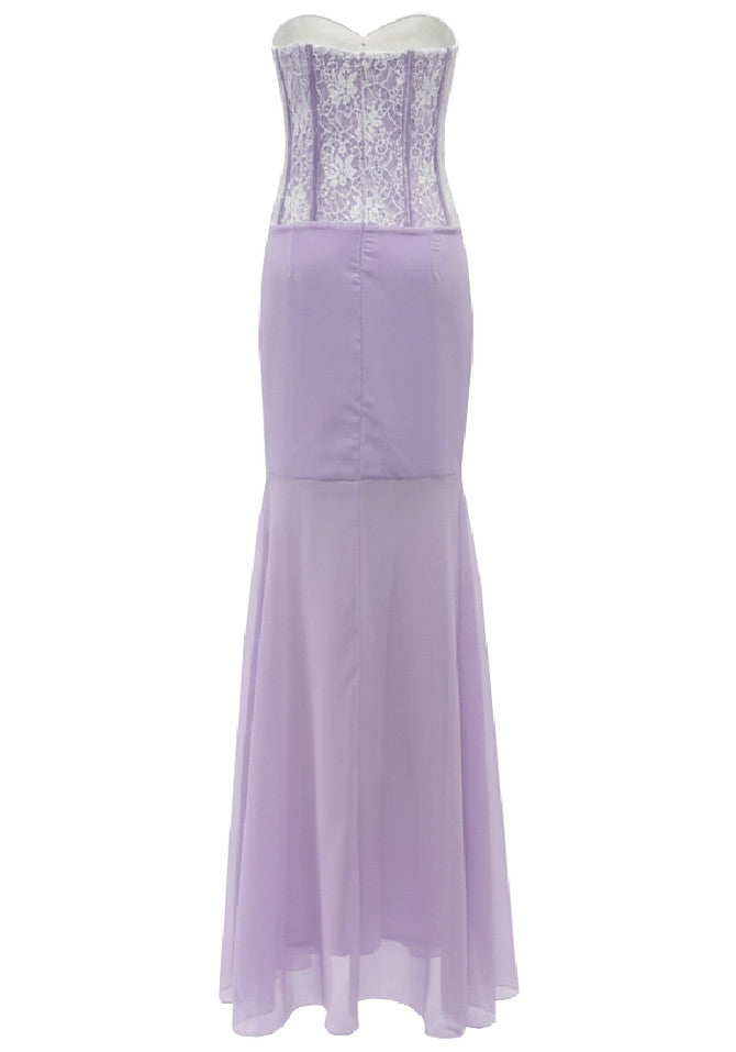sigrid 3d flower strapless fishtail maxi dress in purple Avalabel