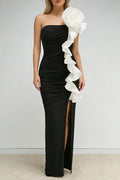 judy One Shoulder Peony Ruffle Gown in black Avalabel