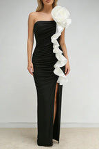 judy One Shoulder Peony Ruffle Gown in black Avalabel