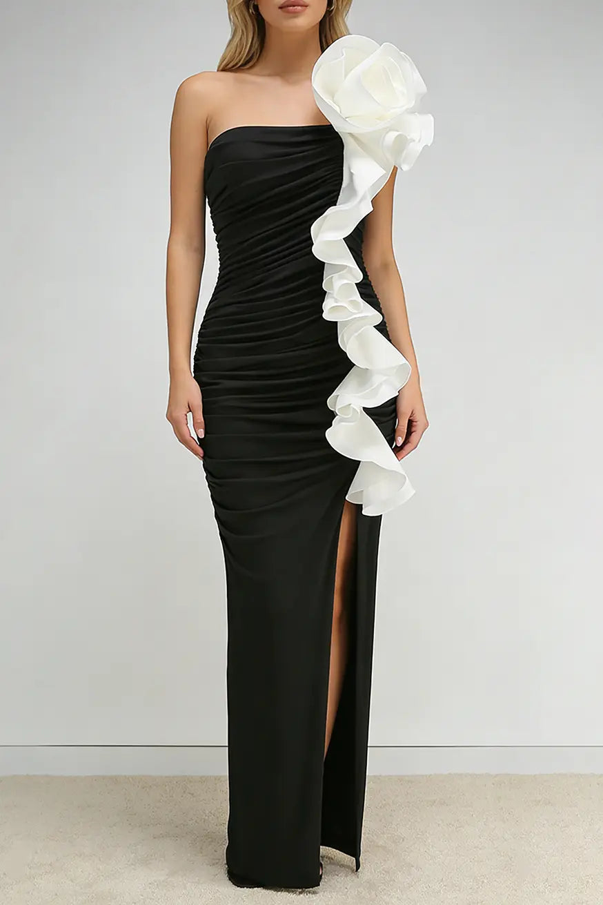 judy One Shoulder Peony Ruffle Gown in black Avalabel