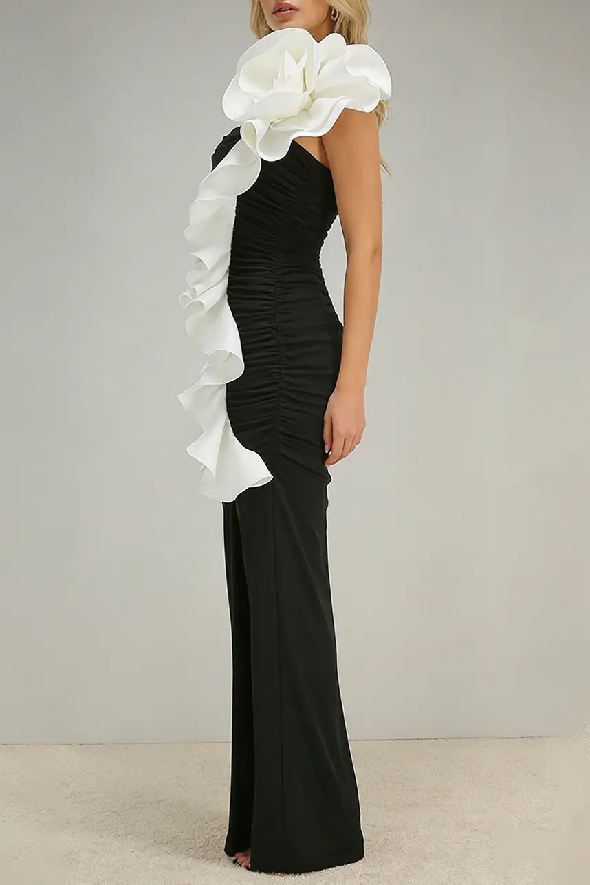 judy One Shoulder Peony Ruffle Gown in black Avalabel