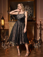 Dora 3D Flower Square Neck Lace Midi Dress in Black Avalabel