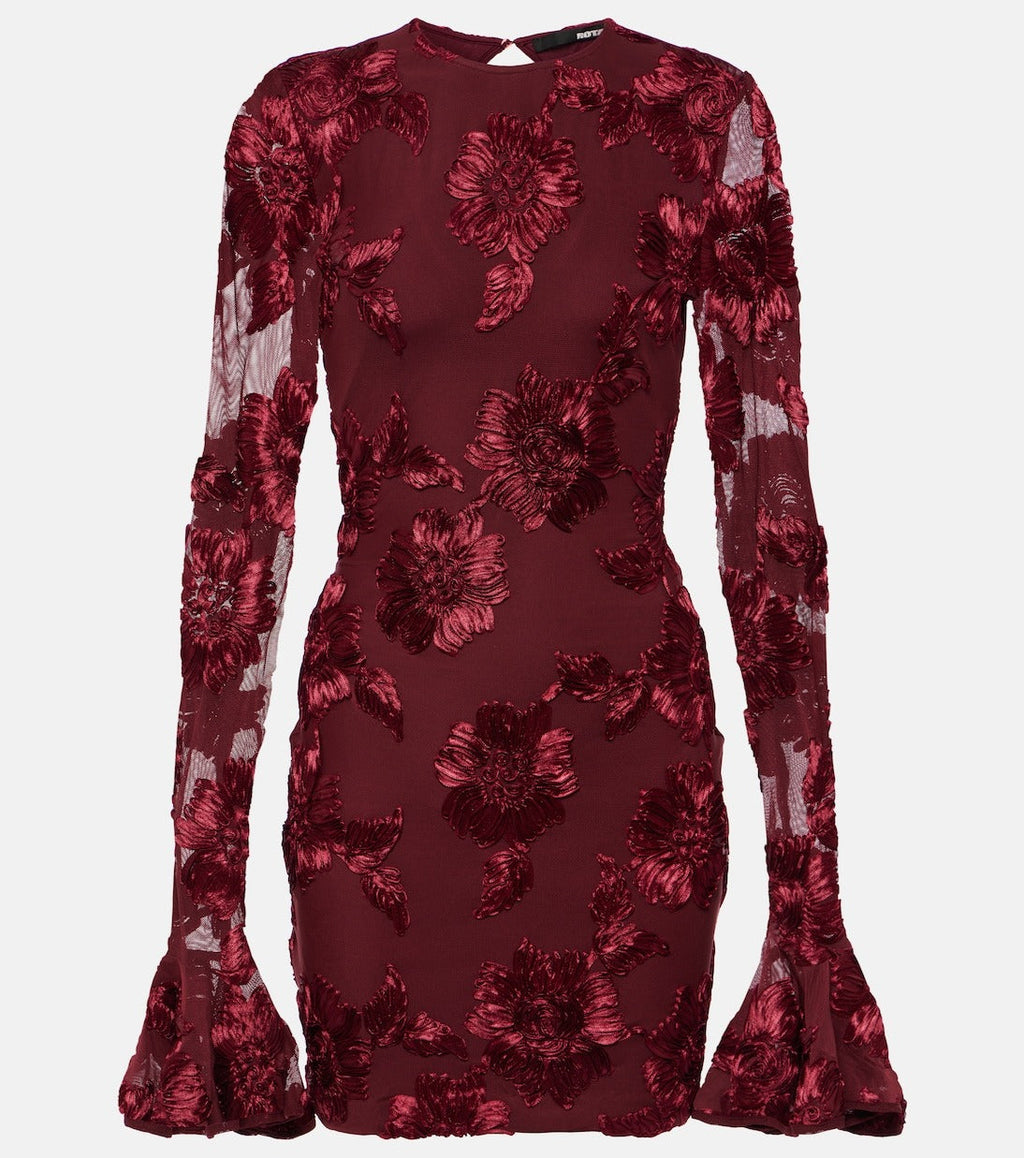 Floral-Embroidered Mesh Mini Dress In Wine Red Soraya