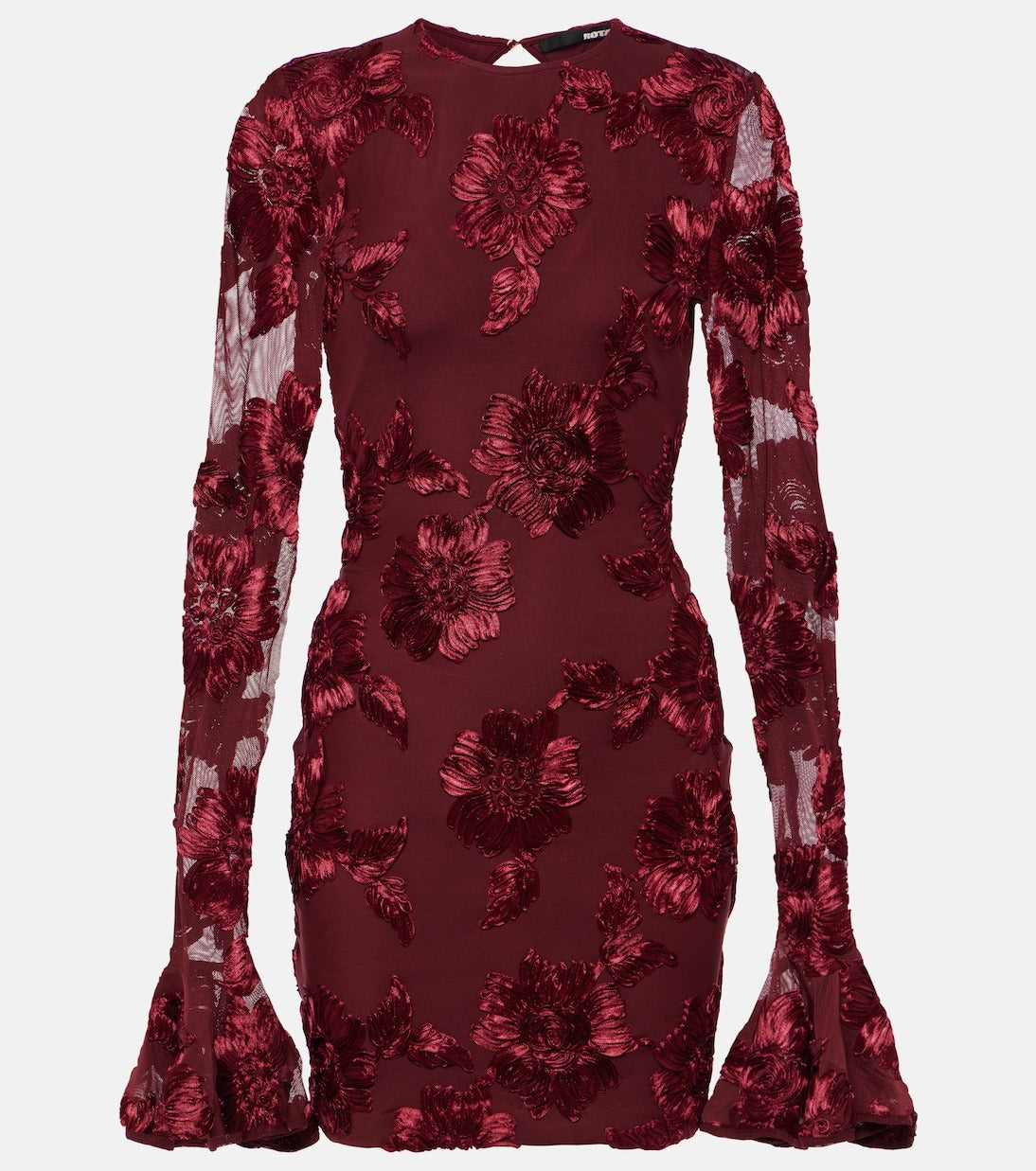 Floral-Embroidered Mesh Mini Dress In Wine Red Soraya