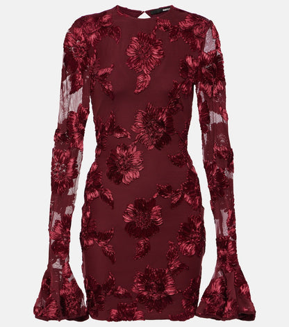 Floral-Embroidered Mesh Mini Dress In Wine Red