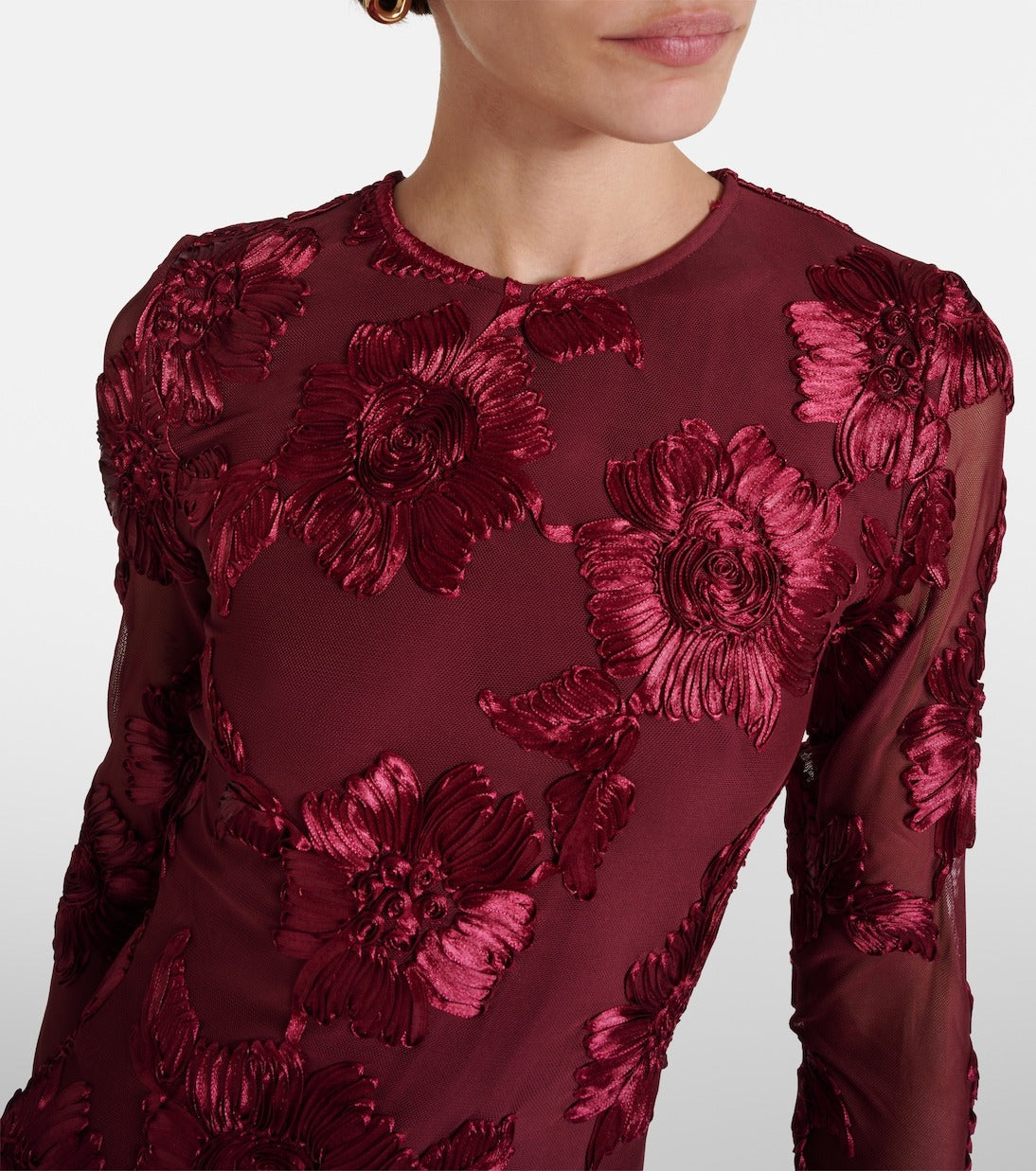Floral-Embroidered Mesh Mini Dress In Wine Red Soraya