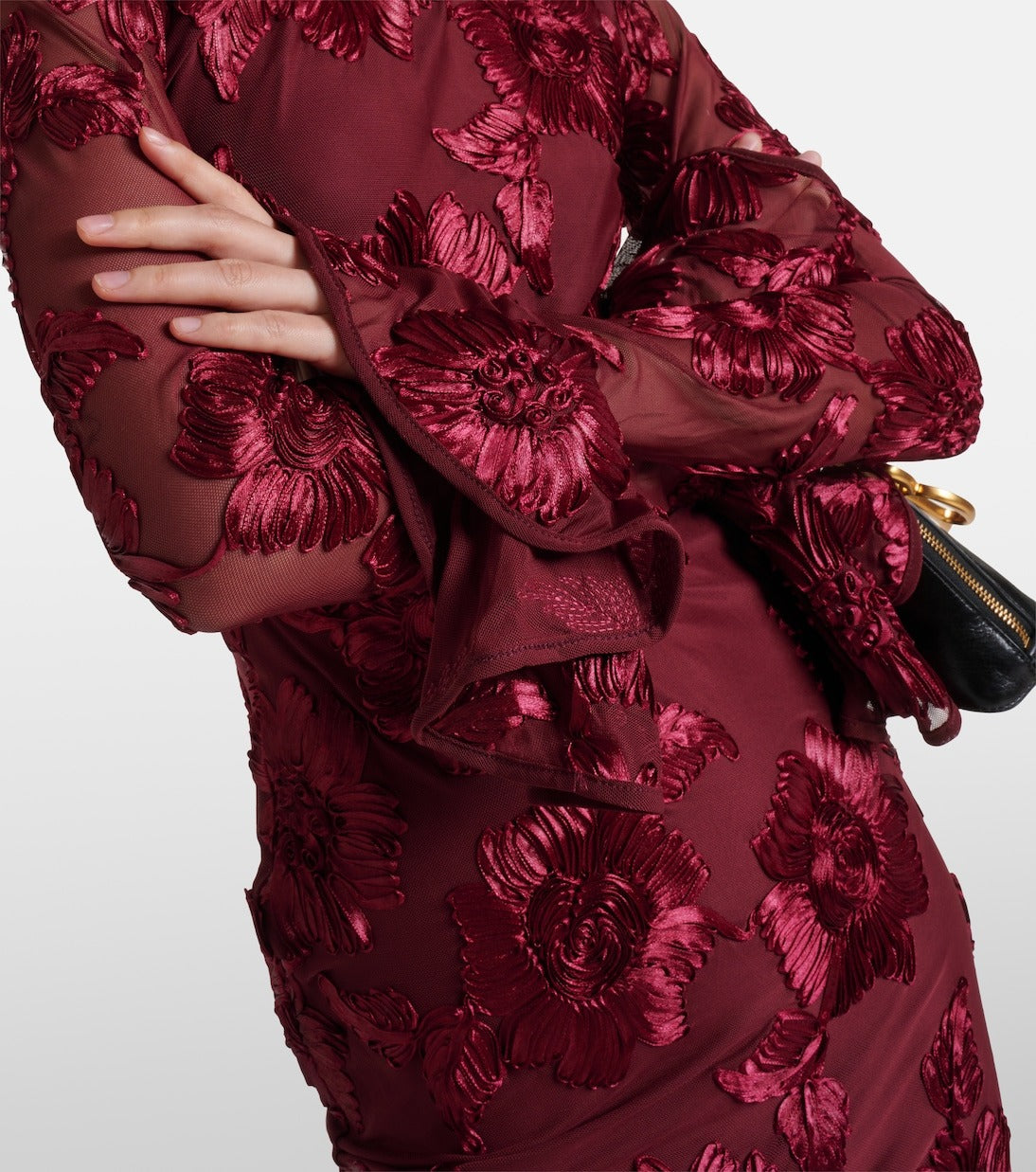 Floral-Embroidered Mesh Mini Dress In Wine Red Soraya