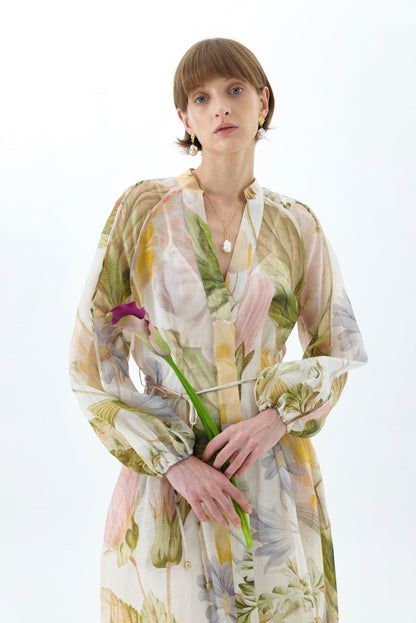 victoria colorful floral print lantern sleeve maxi dress