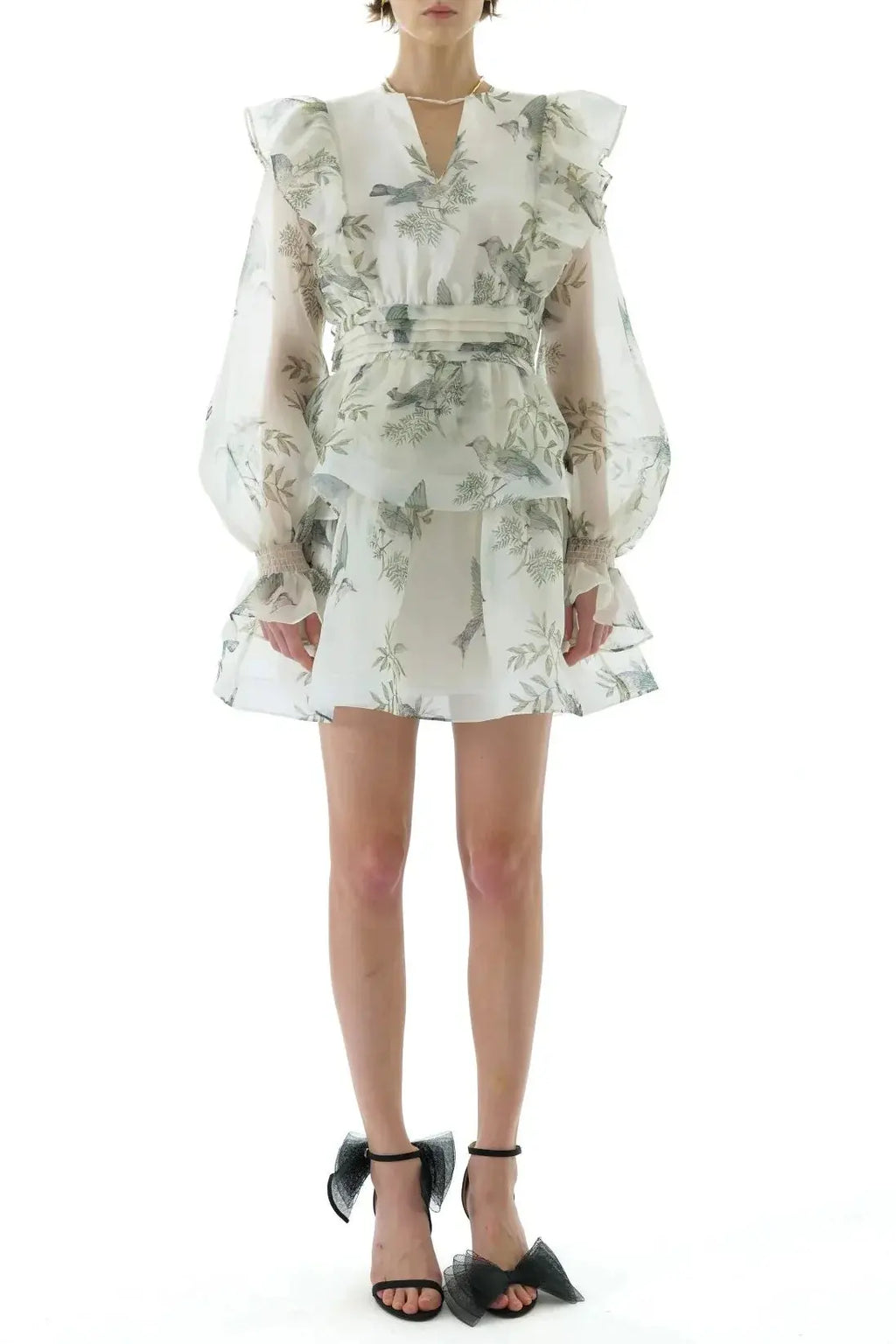 norma floral print SILK ORGANZA TIE NECK MINI DRESS Avalabel