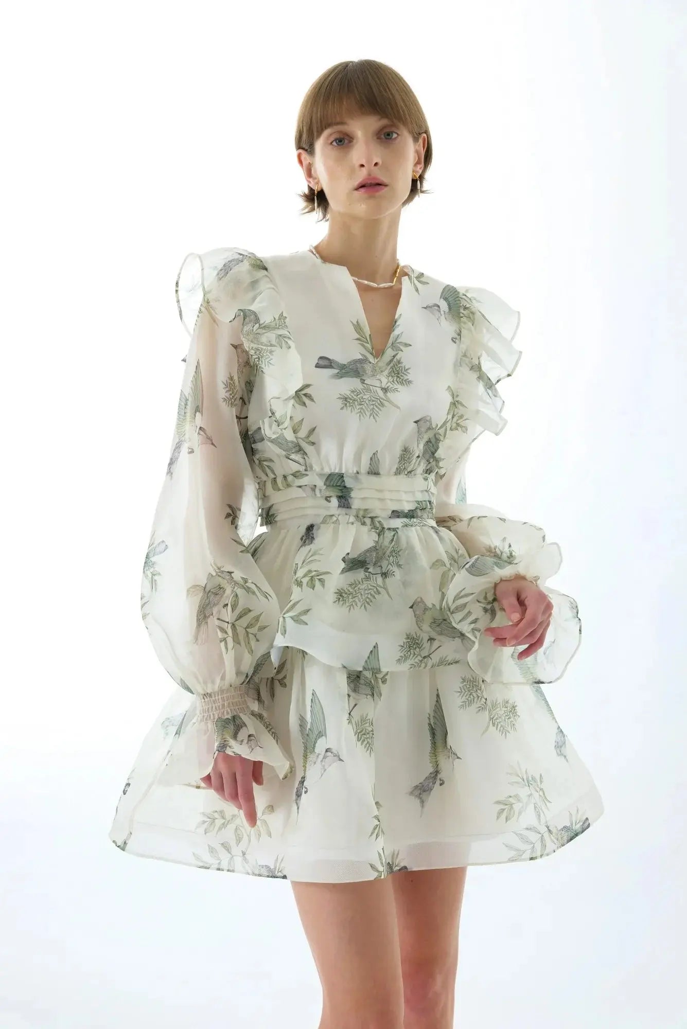 norma floral print SILK ORGANZA TIE NECK MINI DRESS Avalabel