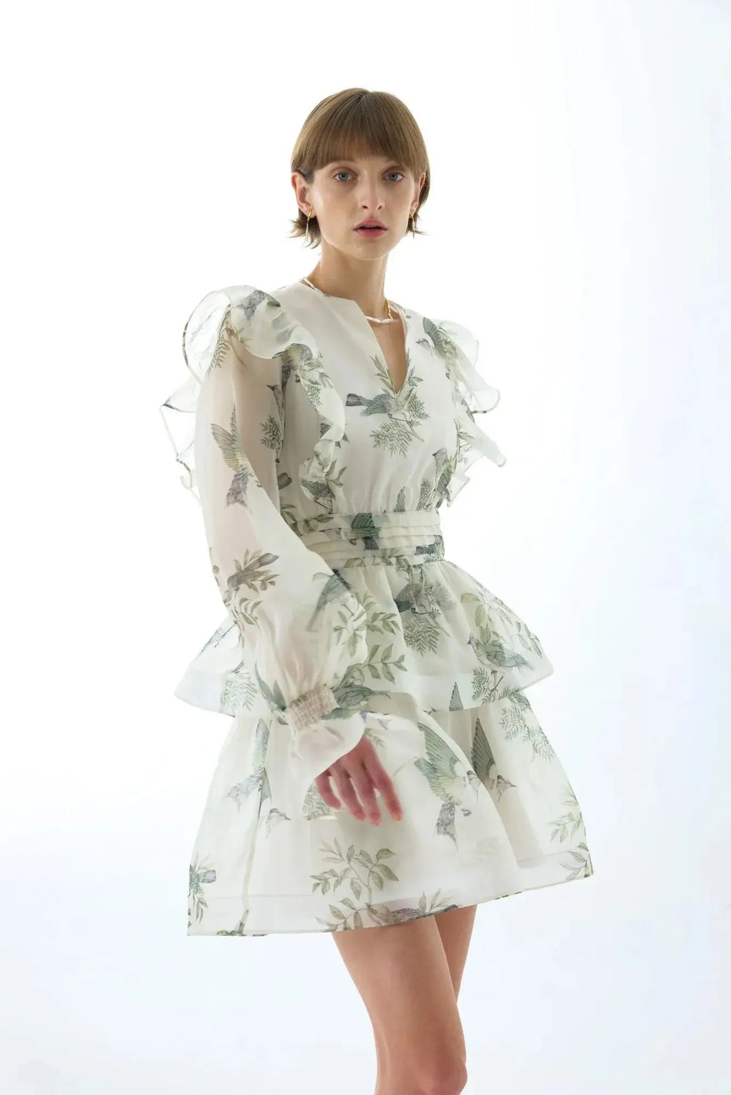 norma floral print SILK ORGANZA TIE NECK MINI DRESS Avalabel