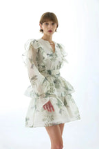 norma floral print SILK ORGANZA TIE NECK MINI DRESS Avalabel