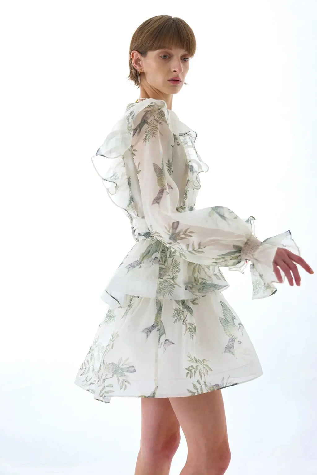 norma floral print SILK ORGANZA TIE NECK MINI DRESS Avalabel