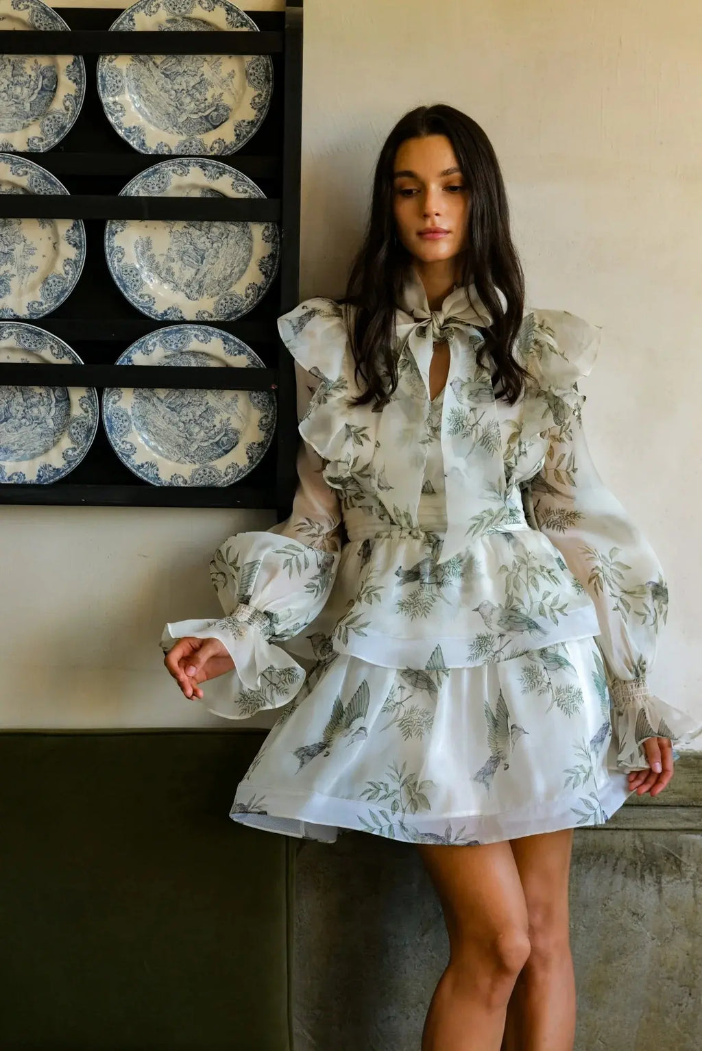 norma floral print SILK ORGANZA TIE NECK MINI DRESS Avalabel