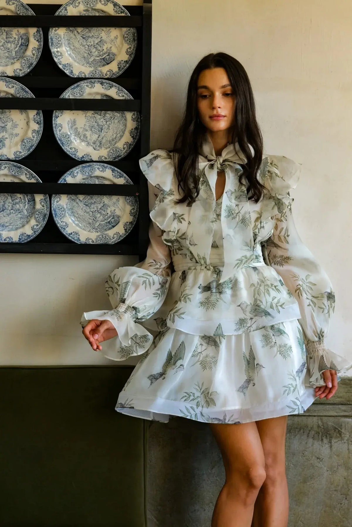 norma floral print SILK ORGANZA TIE NECK MINI DRESS Avalabel