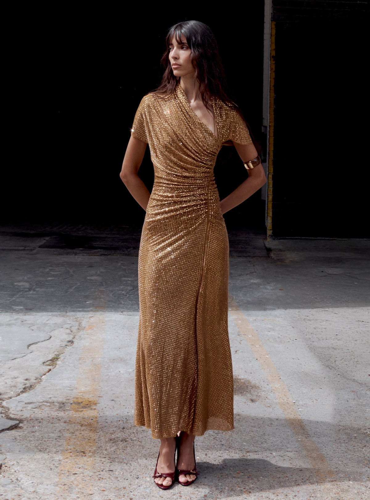 Kimberley Gold Rhinestone Drape Cutout Maxi Dress Avalabel