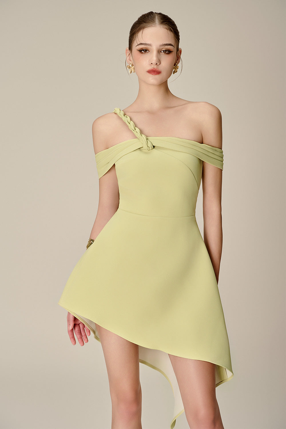 Anila Asymmetric Off-Shoulder Mini Dress in Nuggets Green Avalabel